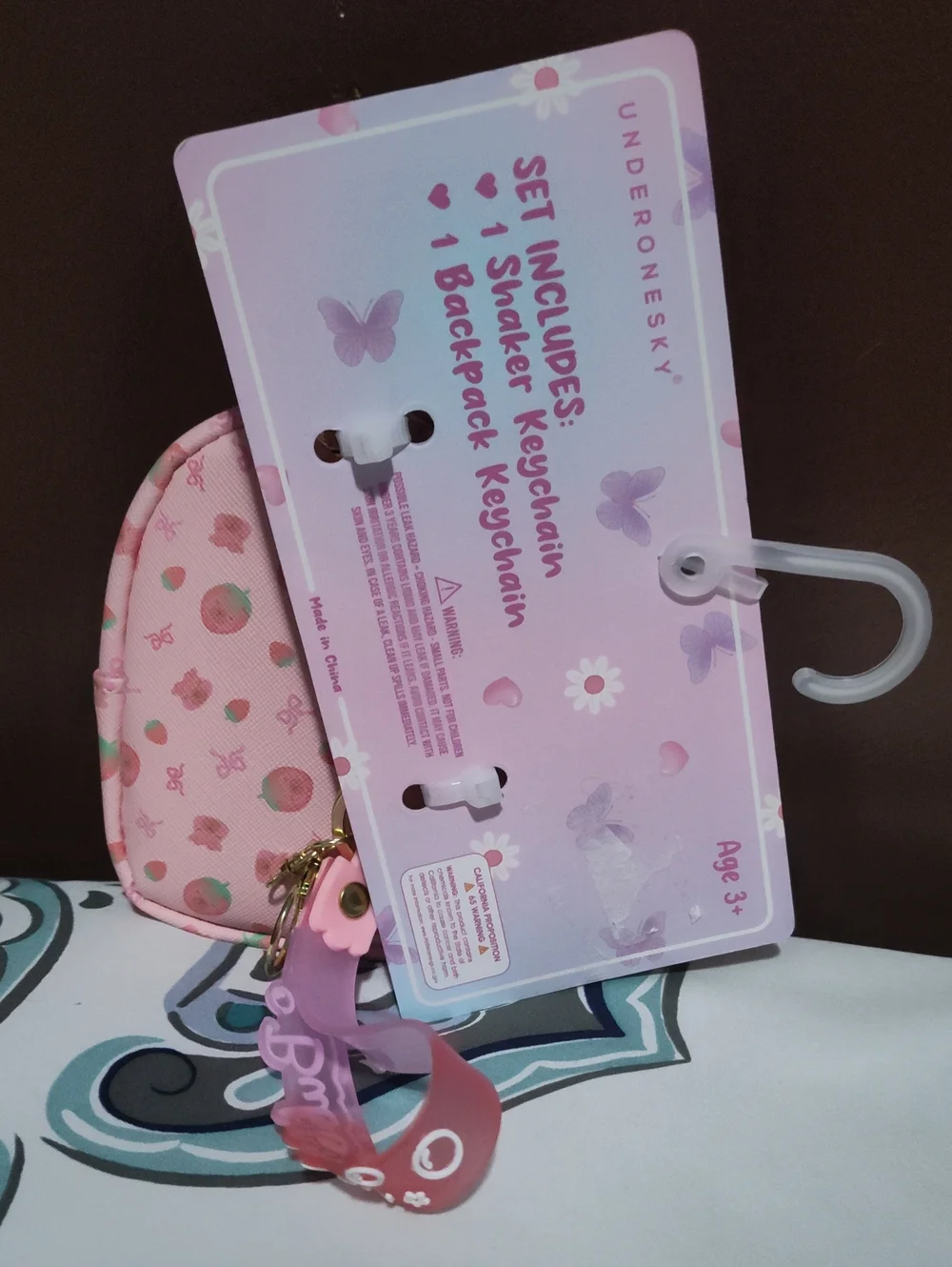 Under One Sky Pink Strawberry Bow Mini Backpack Keychain Set